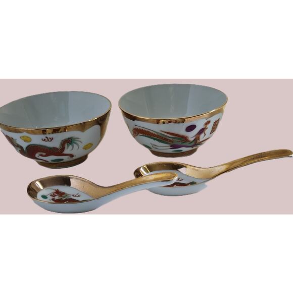 CHINESE SOUP/RICE/NOODLE BOWLS-Spoons-Vintage-Gold Trim-Phoenix & Dragon-Set 2 - Picture 12 of 14